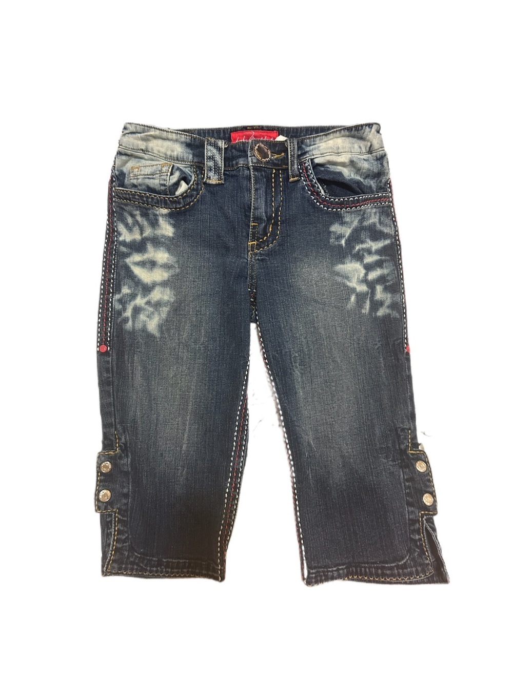 Y2K Baby Phat Dark Wash Denim low rise capris Button Detail contrast stitching